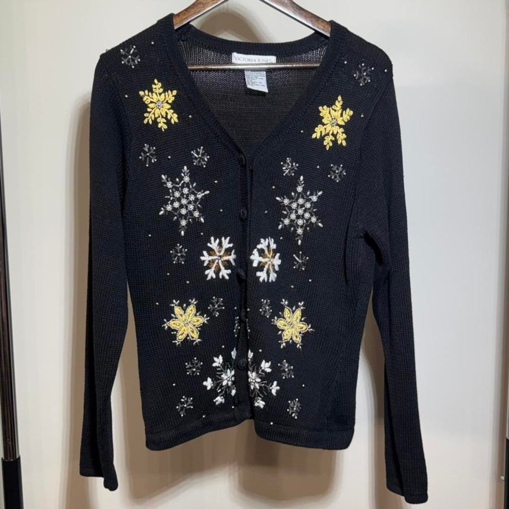 Victoria Jones Black Button Up Cardigan With Gold and Silver Snowflakes Sz Small